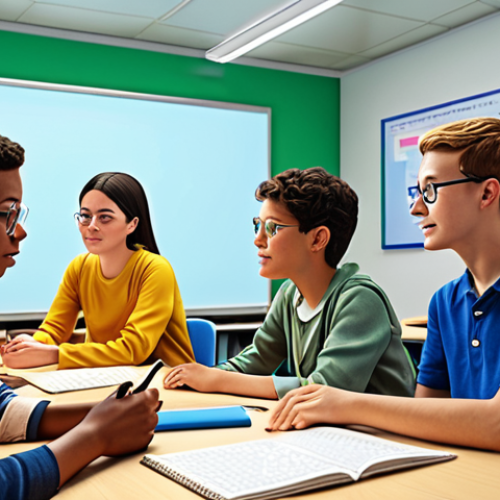 Home 11 A diverse group of students actively participating in an English lesson within a vibrant metaverse environment, guided by an instructor who is utilizing AI-powered tools to personalize each student's learning experience. The scene should emphasize engagement, collaboration, and the integration of technology in modern language education.