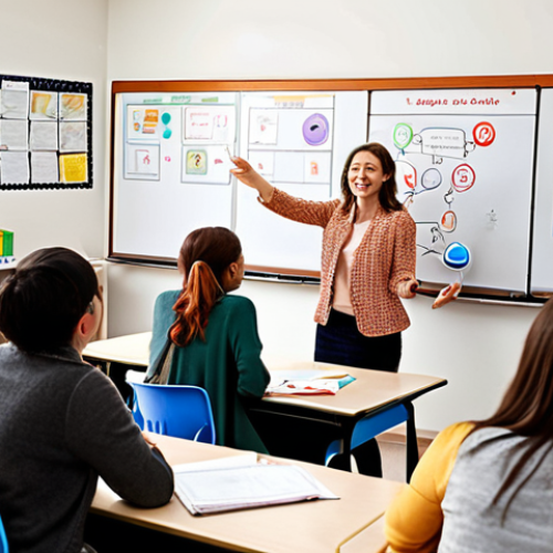 Home 6 **A diverse group of adults engaged in a lively, interactive TESOL class. The setting is a modern classroom with whiteboards covered in colorful teaching diagrams, and the atmosphere is energetic and collaborative.**