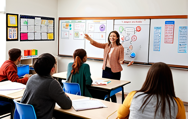 **A diverse group of adults engaged in a lively, interactive TESOL class. The setting is a modern classroom with whiteboards covered in colorful teaching diagrams, and the atmosphere is energetic and collaborative.**