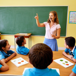 **

A bright, cheerful classroom filled with children. The teacher is using positive language, smiling and encouraging the students. Visual aids with clear, simple rules are displayed on the walls. Some students are engaged in a group activity, while others are participating in a game. The overall atmosphere is supportive and fun.

**