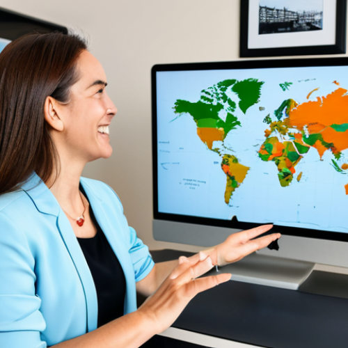 Home 19 **
A woman delivering an engaging online English coaching session via Zoom, fully clothed in professional attire. She is enthusiastically explaining a concept with interactive visuals on her screen. The background shows a clean, organized home office setup with bookshelves and a world map. Safe for work, appropriate content, perfect anatomy, natural proportions, high quality, professional, modest.
**