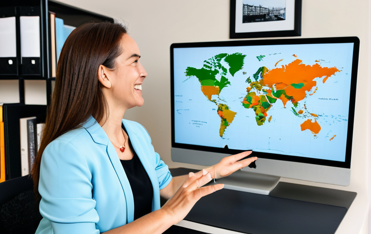 **
A woman delivering an engaging online English coaching session via Zoom, fully clothed in professional attire. She is enthusiastically explaining a concept with interactive visuals on her screen. The background shows a clean, organized home office setup with bookshelves and a world map. Safe for work, appropriate content, perfect anatomy, natural proportions, high quality, professional, modest.
**