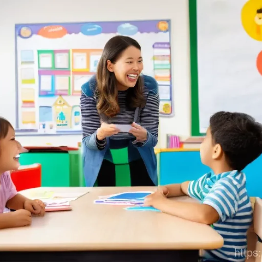 TESOL 강사 네트워킹 팁 - **Prompt 1: A female English instructor engaging playfully with a diverse group of young children (a...