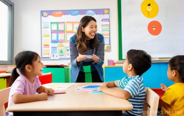 TESOL 강사 네트워킹 팁 - **Prompt 1: A female English instructor engaging playfully with a diverse group of young children (a...