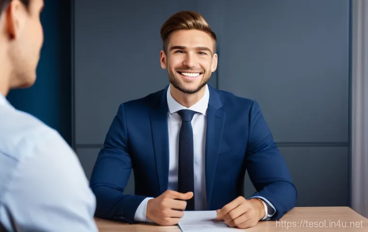 TESOL 취업 면접 성공 사례 - A professional, diverse young woman in a modern, brightly lit office conference room, confidently gi...